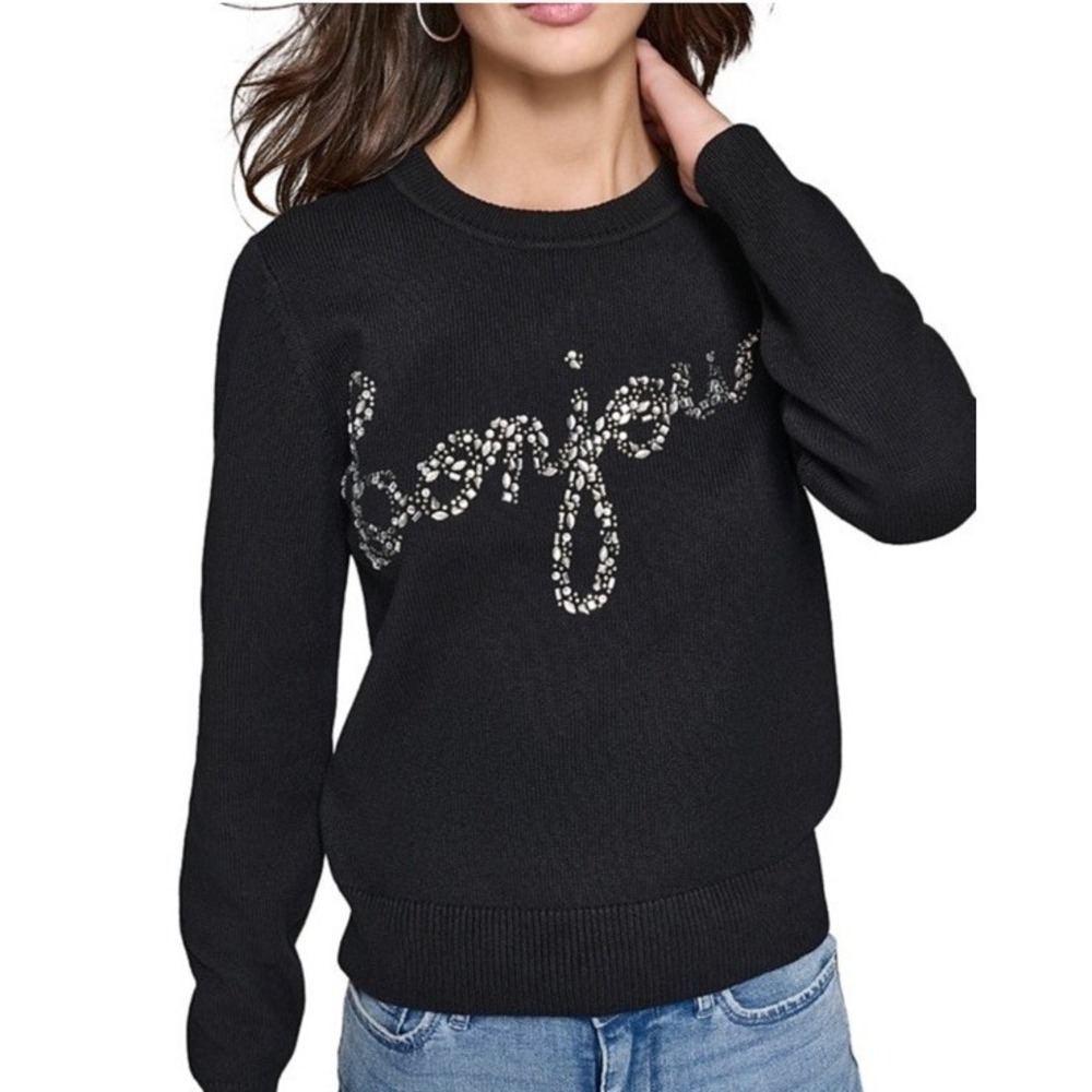 Karl Lagerfeld Paris Black Bonjour Rhinestone Logo Knit Sweater Women Small NWT